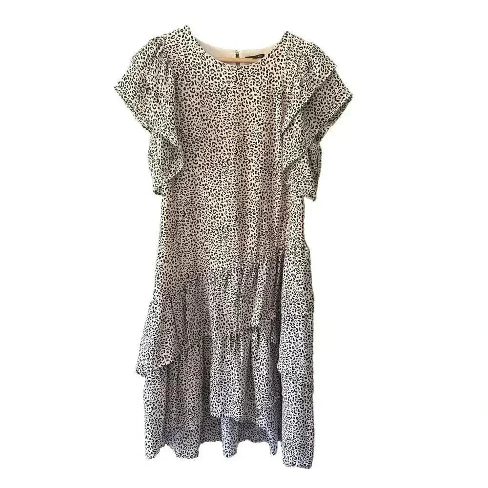 Who What Wear Ruffle Tiered Leopard Print Midi‎ Dress Cheetah Size S Small 90s